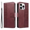 For iPhone 14 Pro Max Leather Case Wallet Stand Grids Imprinted Phone Cover with Strap