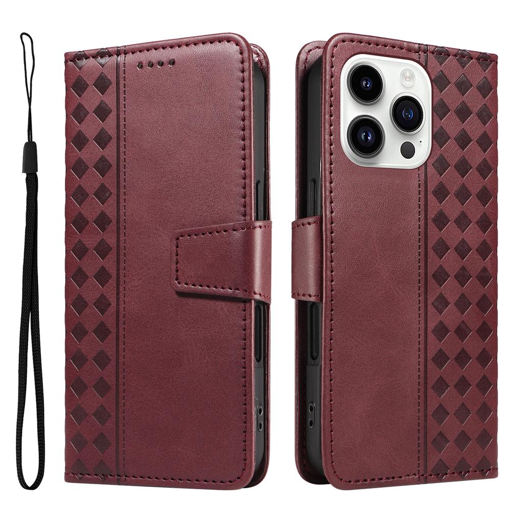 For iPhone 14 Pro Max Leather Case Wallet Stand Grids Imprinted Phone Cover with Strap