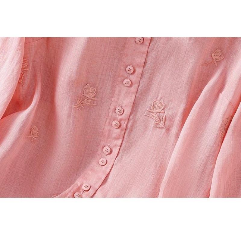 Retro Cotton and Linen Embroidered Shirt Women's Summer Western Style Thin Linen Small Shirt Three-quarter Sleeve Top