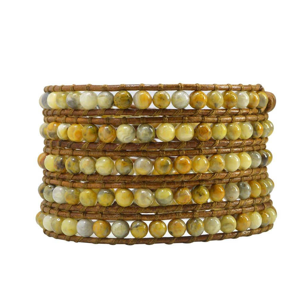 KELITCH Crazy Agate Gems Beads 5-Wrap Bracelet Handmade New Charm Jewelry (Yellow)