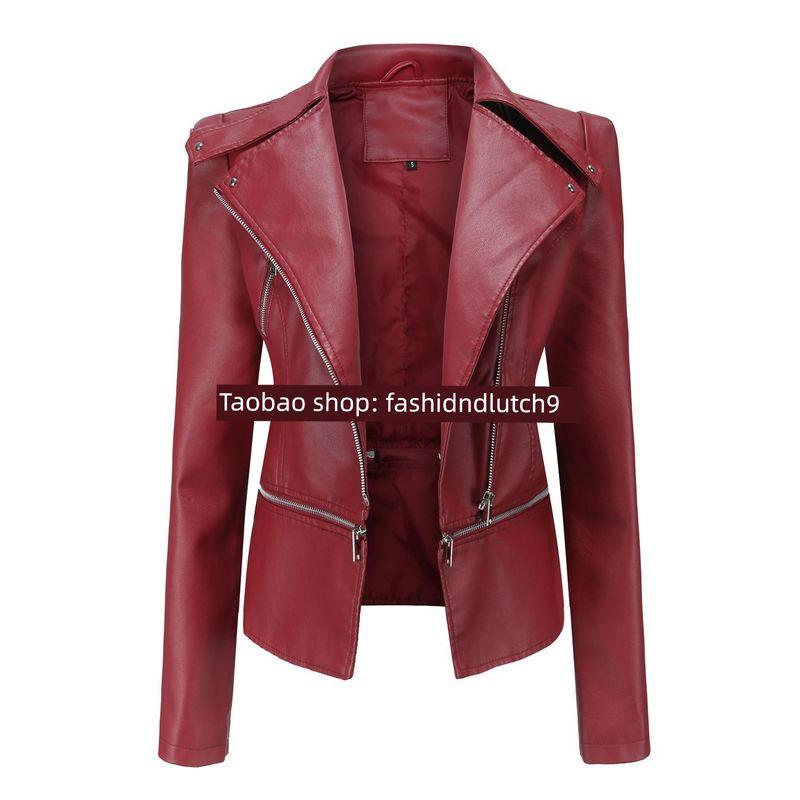 

2025 Кожаная куртка Женская Модная Повседневная куртка Burgundy XL