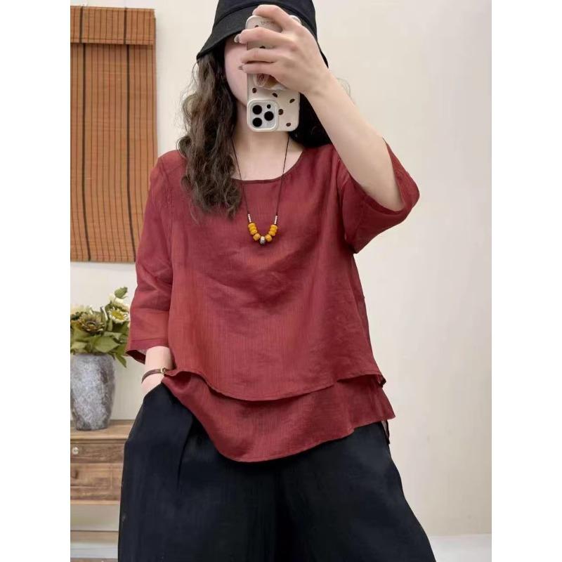 Women Green Square Neck Double Layer Three Quarter Sleeve Linen Blend Loose Blouse
