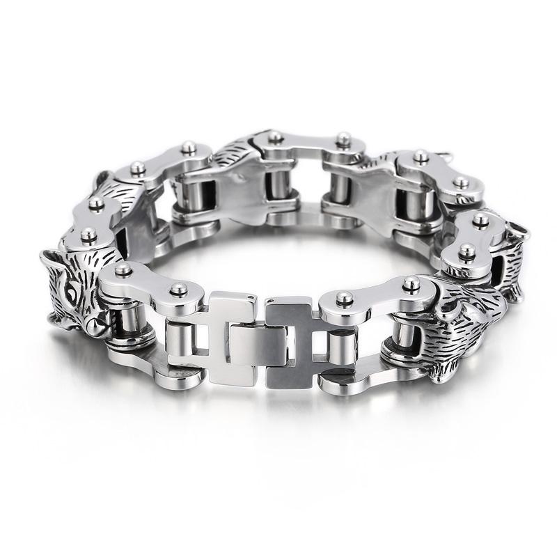 KALEN Punk Stainless Steel Fashion Bracelets Bangles Wolf Heads Bike Chain Bracelet for Men 23cm&Punk