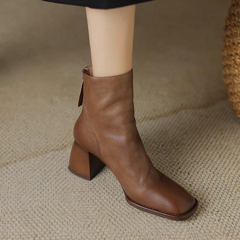 Fashion 2024 Autumn/winter Women Boots High Heels Square Toe Short Boots Women Shoes Office Lady Gladiator Lady Shoes Genuine Leather