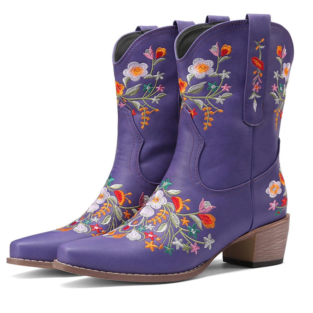 Klumpete Hæl Spiss Tå Dame Boots Retro Medium Hæl Yttertøy Broderi Bred Legg Over Kneet Støvler for Kvinner Skinn