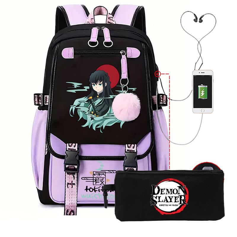 Two-dimensional peripheral day man ghost extinguishing backpack pencil bag large capacity student leisure schoolbag with USB port