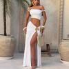 Women Sexy One Shoulder Crop Top Slit Pleated Midi Skirt Two Piece Set