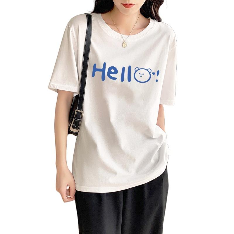 

Summer Women s Round Neck Loose Casual White Cartoon Printed Pullover Bottoming Shirt XL