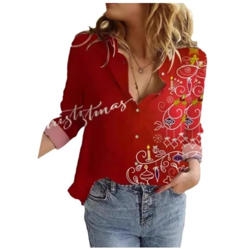 Women's Long Sleeve Shirts Sweet Cute Christmas Santa Claus Print Turn-down Collar Button Shirt Autumn New Streetwear Clothing