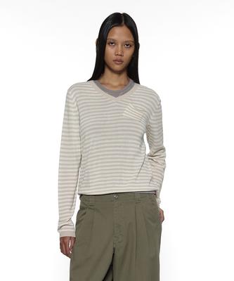 PARTIMENTO WOMEN Pwc Sheer V-Neck Knit Sweater_Beige Stripe