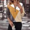 Autumn and Winter Color Blocked Loose Zipper Long Sleeved V-neck Sweatshirt for Women