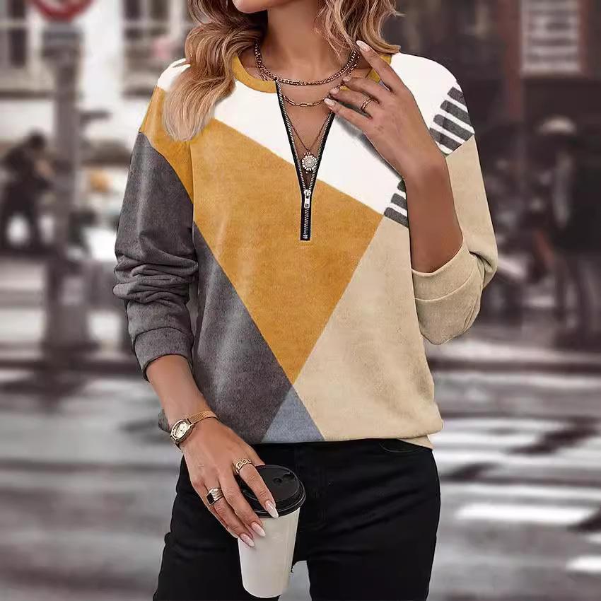 Autumn and Winter Color Blocked Loose Zipper Long Sleeved V-neck Sweatshirt for Women