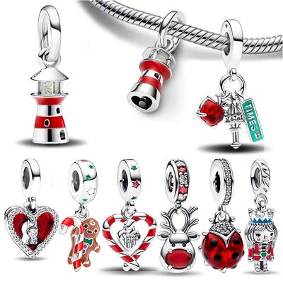 Lucky Copper Red Lighthouse&Ladybug&Christmas Gingerbread Man&Elk Dangle Charm Fit Diy Bracelet Blessing Gift