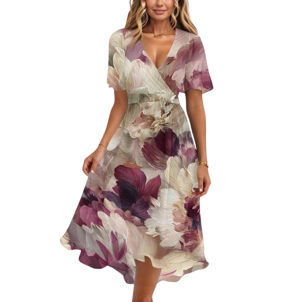 Women's Casual V Neck Short Sleeve Midi Dress Floral Print Wrap Style Lightweight Summer Dress
