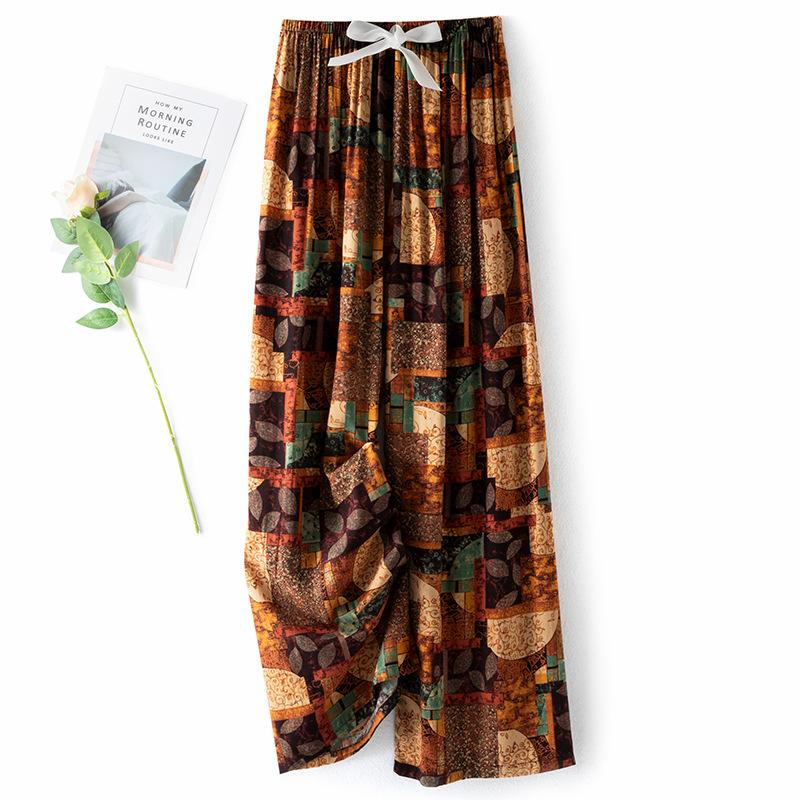 Pantaloni de pijama din bumbac mătase pentru femei, secțiune subțire de vară, anti-țânțari, pantaloni cu picior lat, culoare uni, pentru exterior, casă, petrecere a timpului liber, imprimeu, pantaloni de plajă până la genunchi