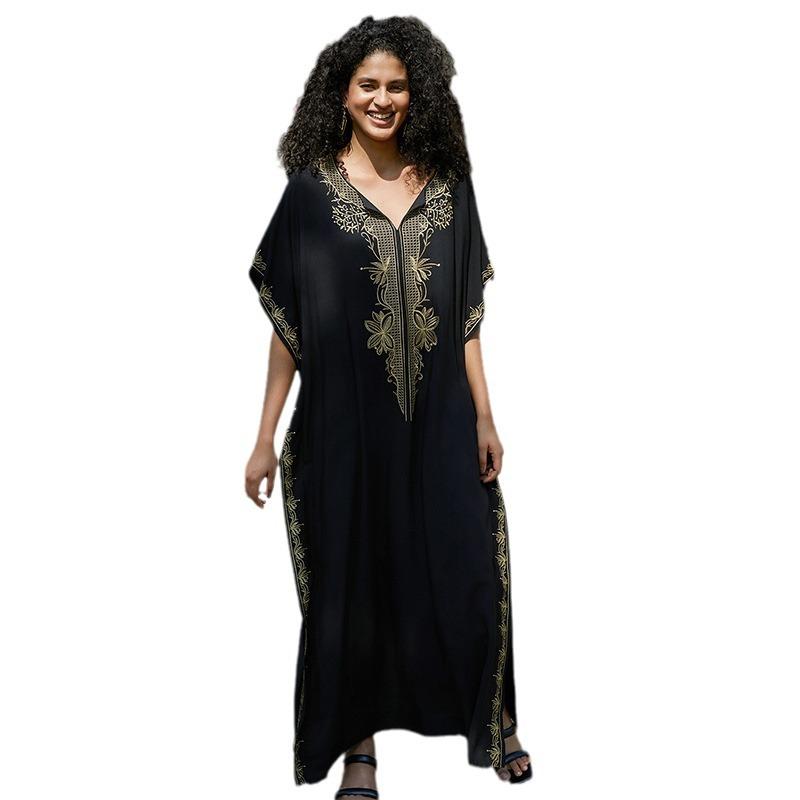 Women's Plus Size Cotton Embroidered Beach Dress Embroidered Holiday Sun Shirt Bikini Cover Up