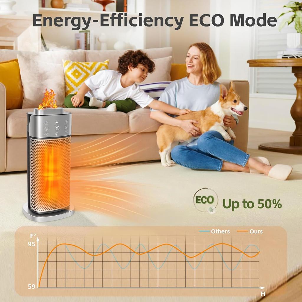 1500W Portable Space Heater for Indoor Use with Thermostat Humidifier, 70°Oscillation 12h Timer Overheat Tip-Over Protection for Bedroom Home Office