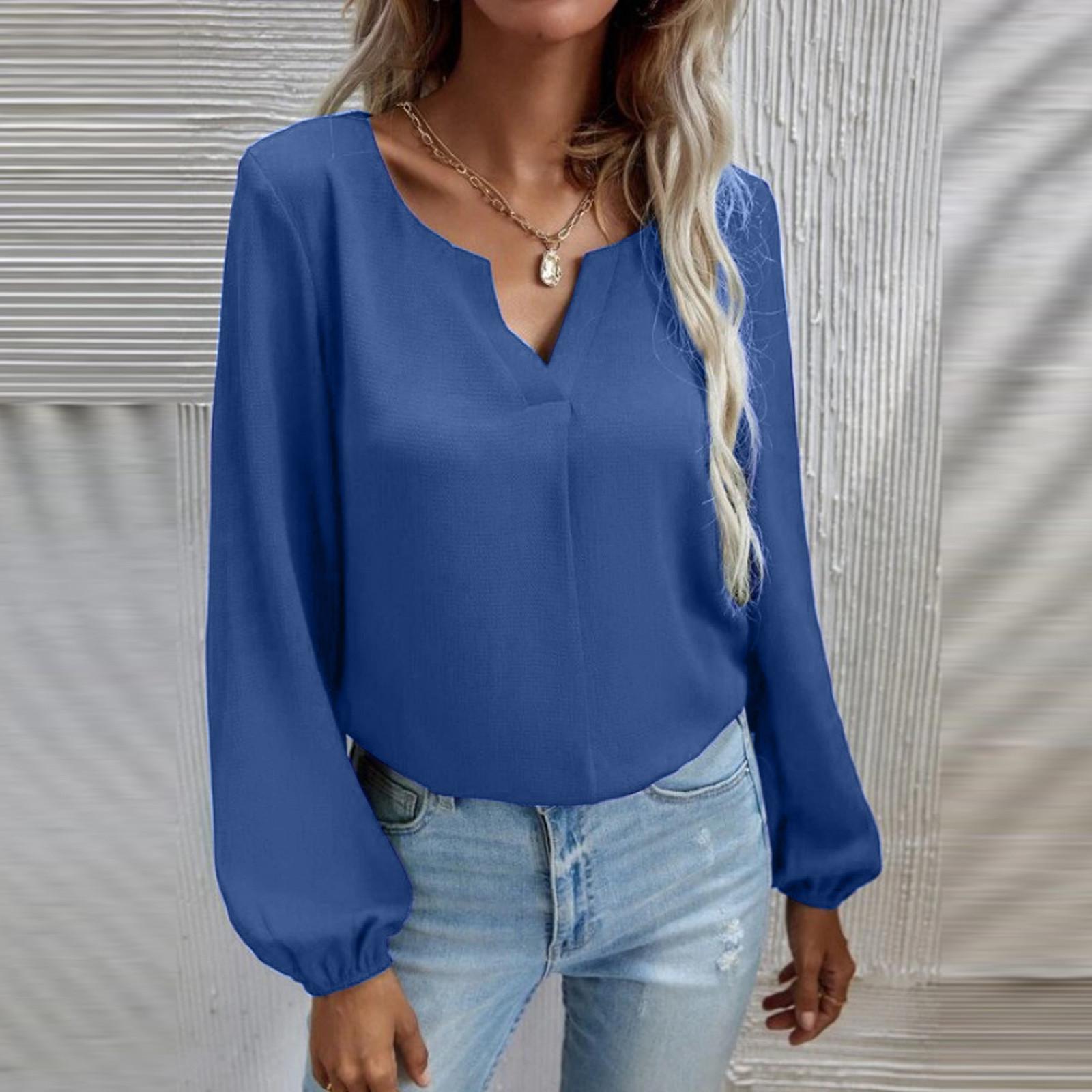 

Женская однотонная шифоновая рубашка с v-образным вырезом и длинными рукавами, темпераментная повседневная рубашка M синий