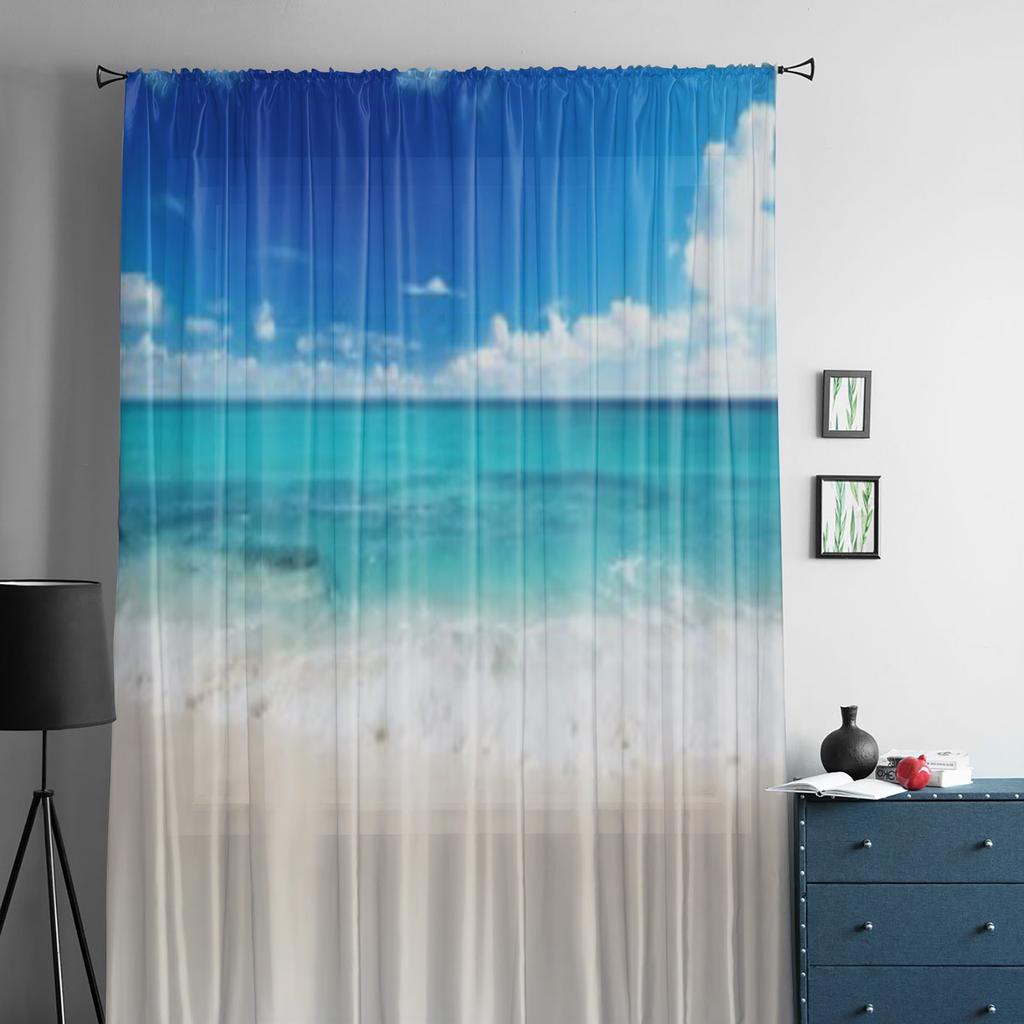 Karibisches Meer und sonniger Tag, transparente Tüllvorhänge für Wohnzimmer, Schlafzimmer, Küchendekoration, Voile-Organza-Vorhänge