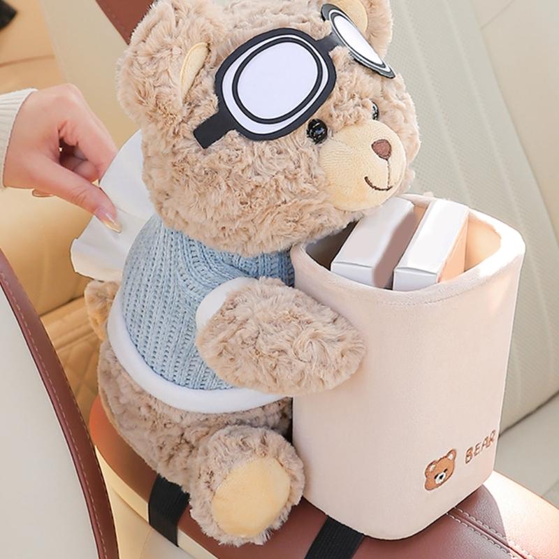 Plush Bear Shape Automotive Tissue Dispenser and Trash Can With Shake Proof Mounting and Leakproof Inner Container