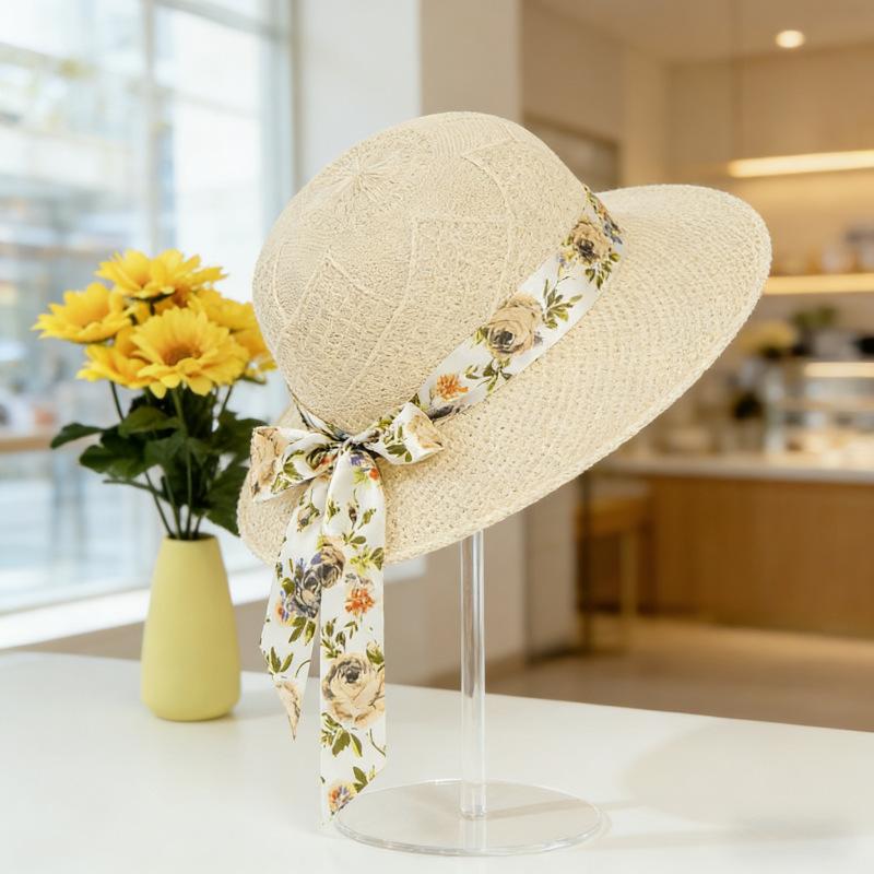 Summer Sun Protection Visor Women's Big-brimmed Straw Hat Streamer Printed Bucket Hat Fashionable Versatile Travel Sun Hat