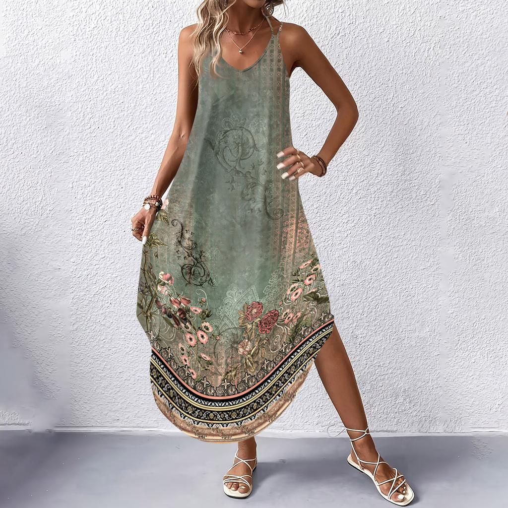 Women V Neck Sleeveless Floral Print Maxi Dress with Pockets Casual Loose Fit Beach Long Sundress for Summer