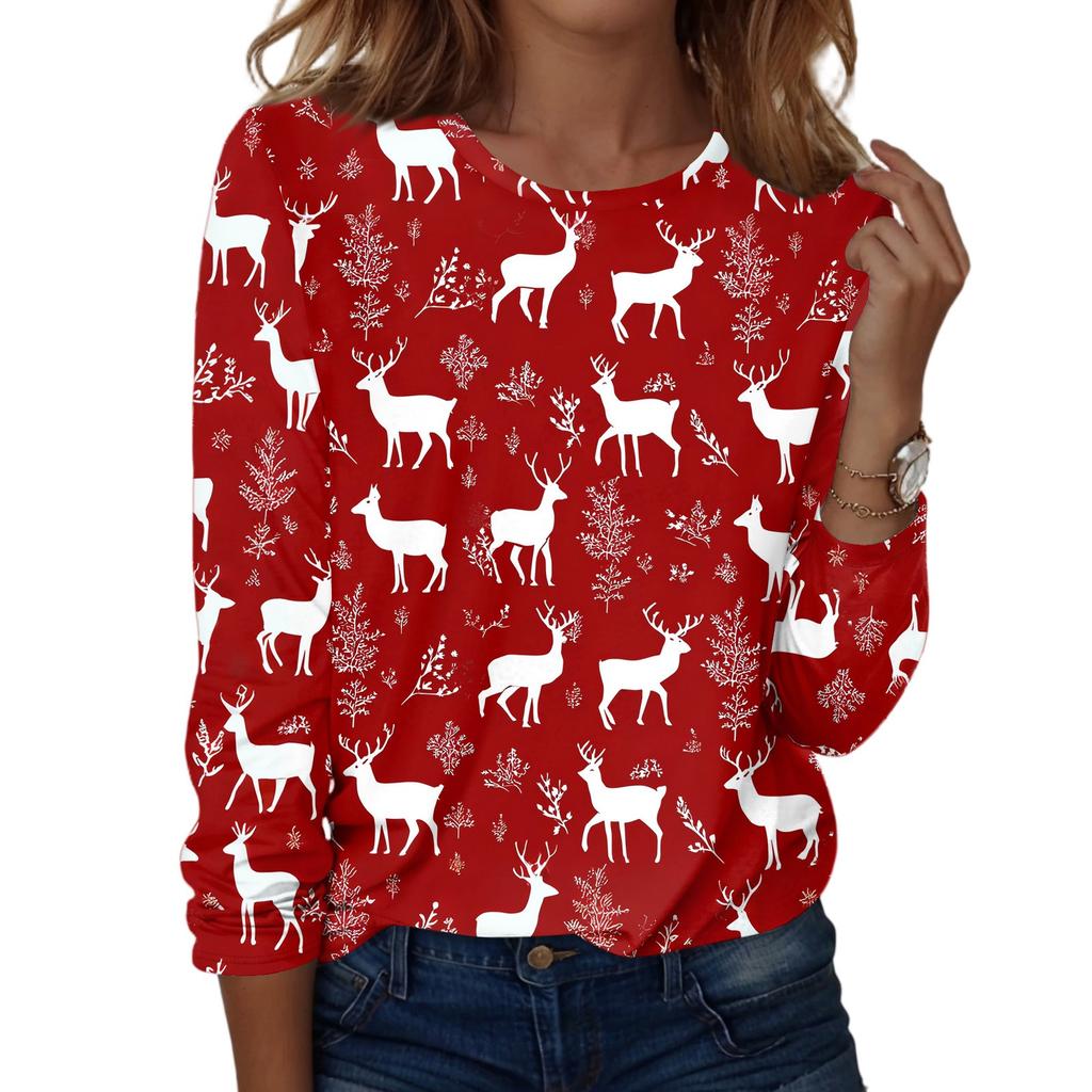 Women's Fashion Casual Christmas Printed Round Neck Long Sleeve Pullover Top