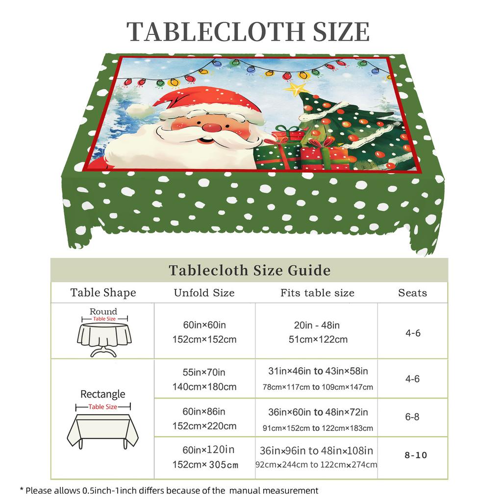 1 kus vánočního kulatého a obdélníkového ubrusu, různé velikosti, potisk Santa Clause a vánočního stromku, zelený ubrus se zelenými puntíky, S