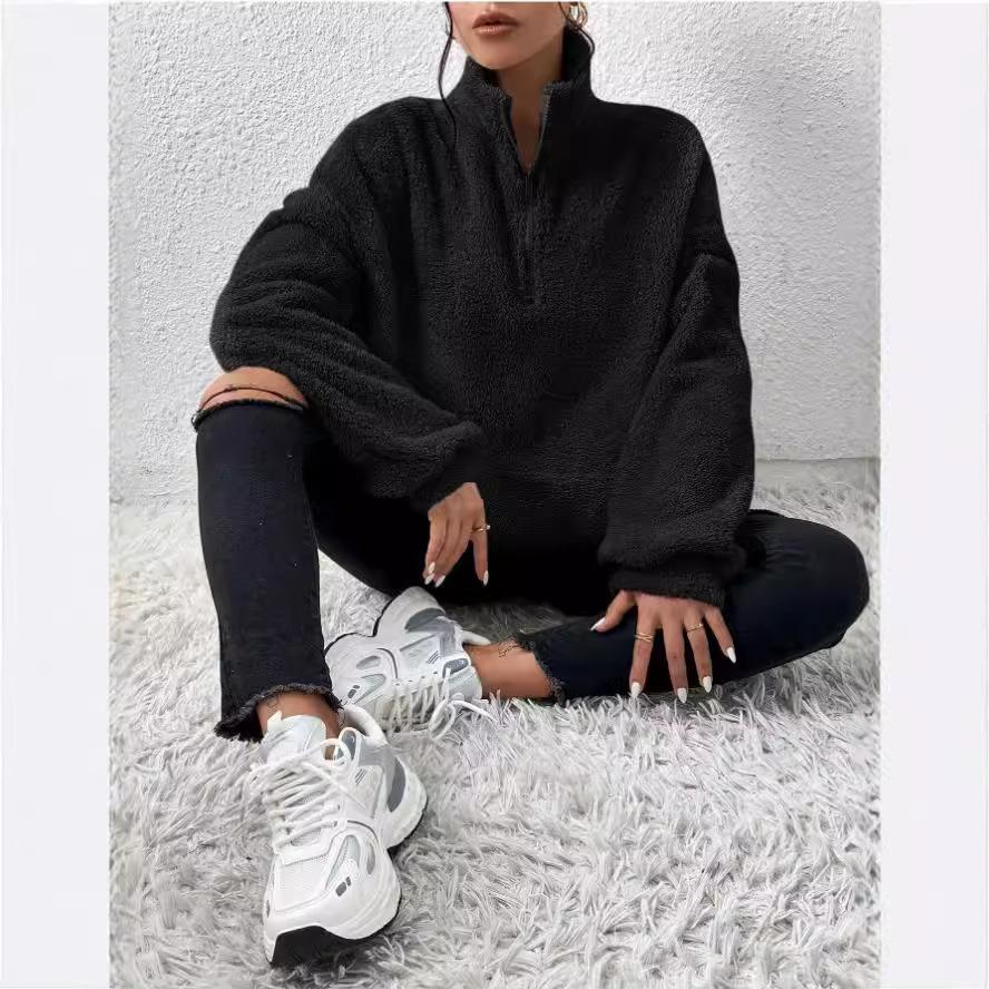 Herbst Winter Neu Europäischer und Amerikanischer Stil Pelziges Fleecegefüttertes Damen Stehkragen Sweatshirt Lässig