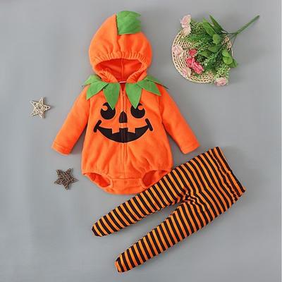 Kids Halloween Pumpkin Hooded Onesie + Footed Leggings Set