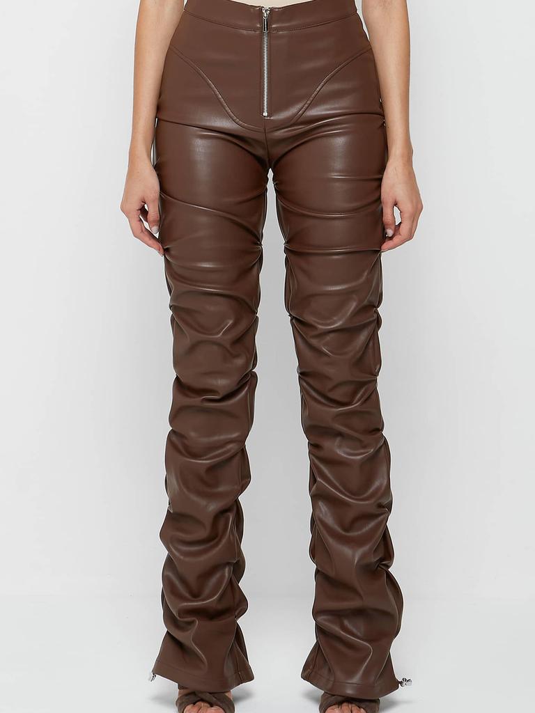 Damen Mode Schlank Geschnittene PU-Leder Lange Hosen, Persönlichkeit Faltbare Micro-Saum Hosen für Damen, Neue Saison