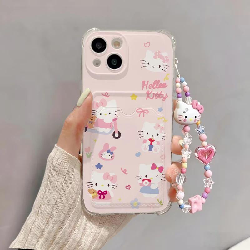 3D Bow Hello Kitty Bracelet Case For Iphone 13 12 11 Pro Max XR X XS Max 6 6S 7 8 Plus 13 Mini 17 Pro Max 5G Card Holder Cover