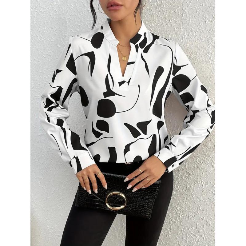 Women's Printed Cut-out Collar Long Sleeve Casual Top