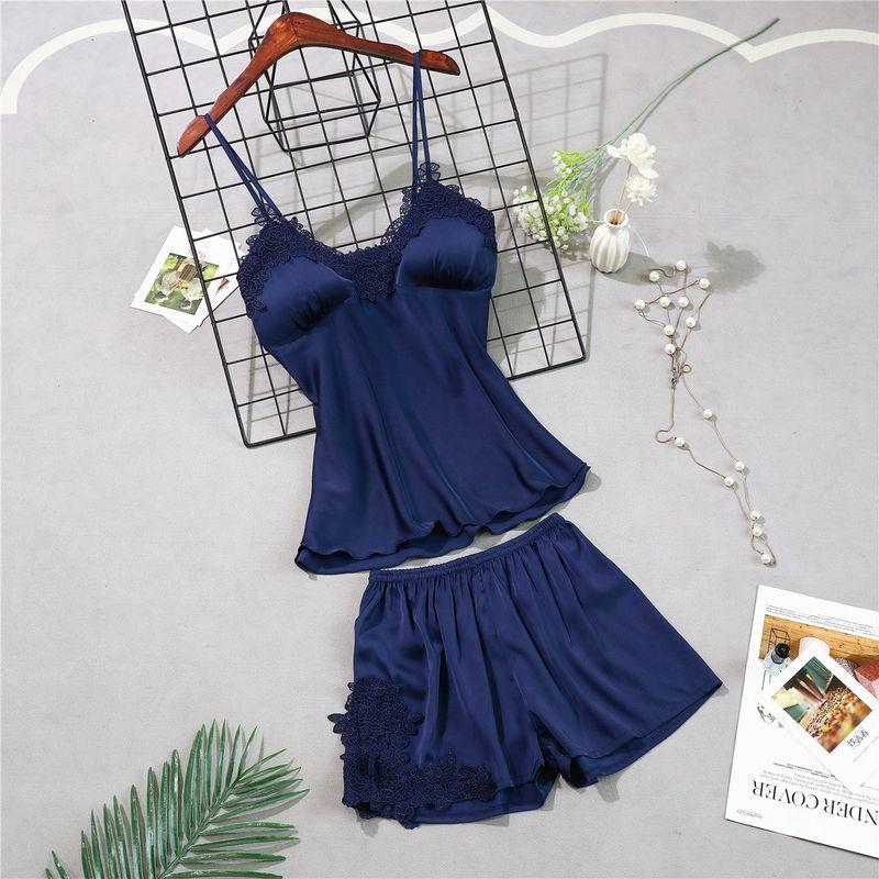 

Pajamas Feminine Shorts Two-piece Belt Suit Home Service Navy blue (Crane + shorts 1801) XXL