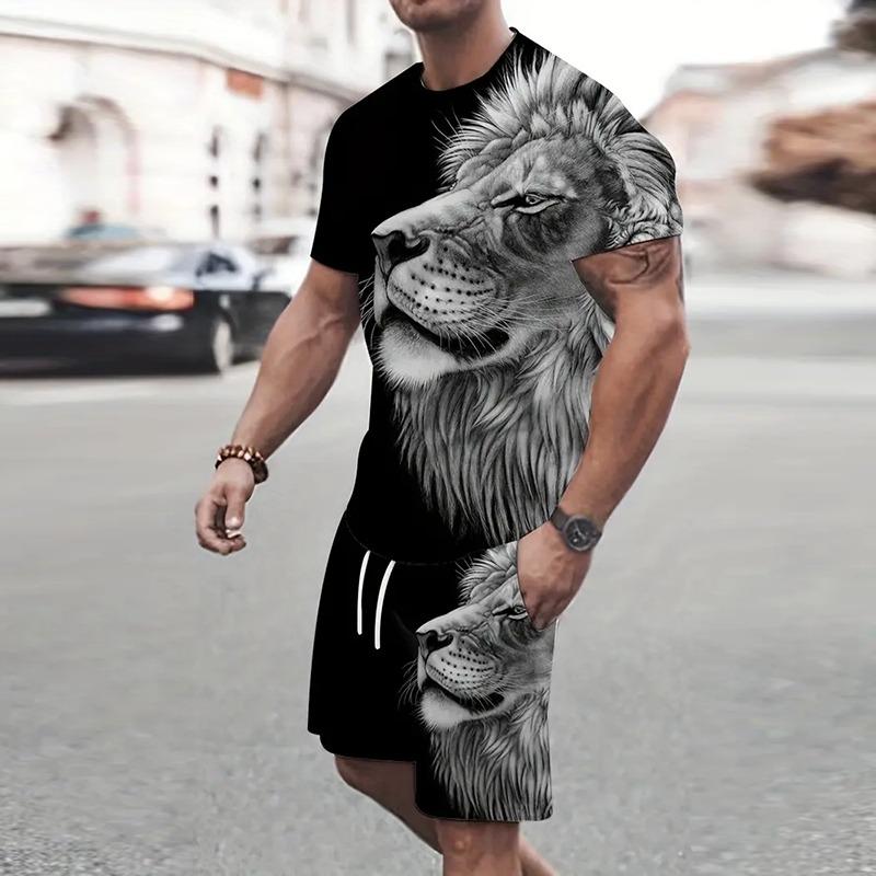 Fashion Men's Sportswear Suit Printed Tiger Pattern Oversized Men's Top Y2K Style Breathable Fresh Short Sleeve Shorts Suit