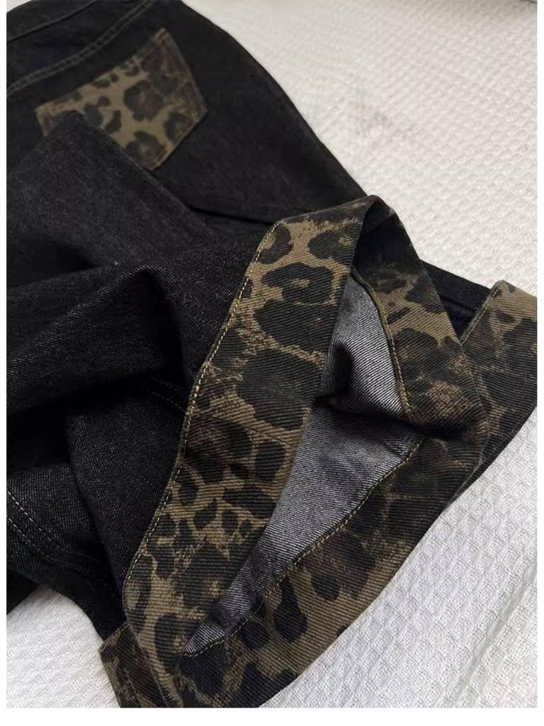 2026 Spring/Summer American Retro Leopard Print Patchwork Wide-Leg High-Waisted Women's Cuffed Jeans