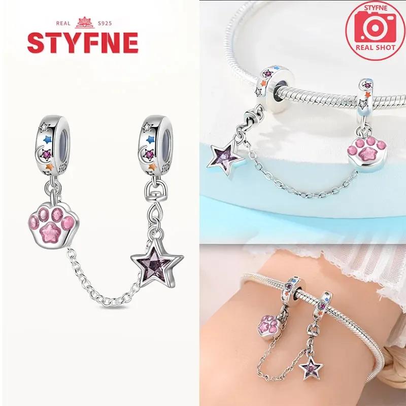 Real Silver 925 Star and Moon Flower Heart Safety Chain Wearable Jewelry Gift Bracelet DIY Beads for Women