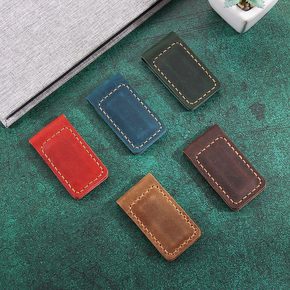 First layer cowhide magnetic banknote clip creative mad horse leather retro magnetic bookmark clip hand-sewn stationery clip