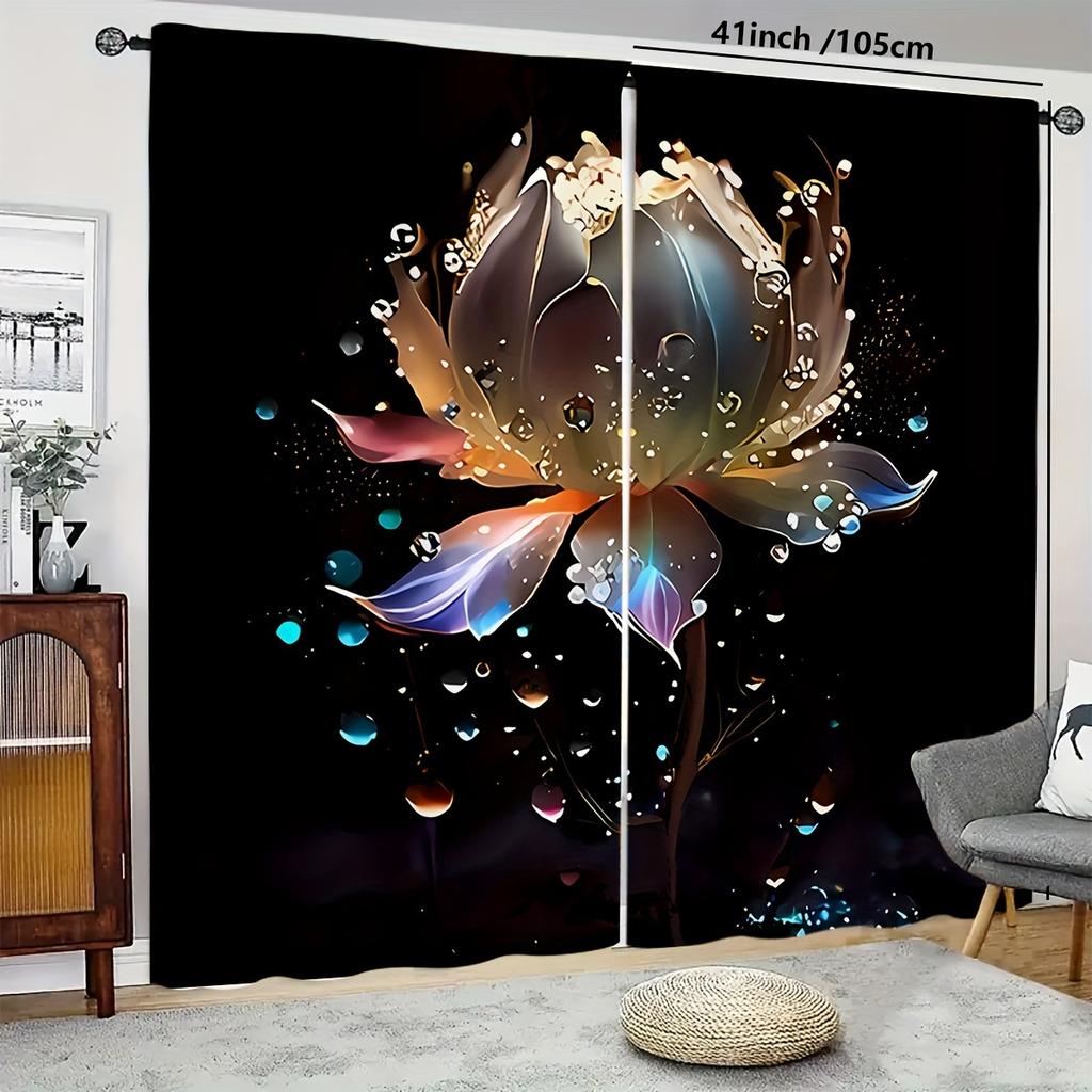 2pcs For Lotus Pattern Semi-Sheer Curtains - Polyester   Machine Washable   with Rod Pocket for Bedroom & Living Room Decor