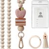 1 Set Fashion Wood Beaded Lanyard with ID Holder Pink Daisy Beads ID Holder Strap with Tassel String for ID Badges Women