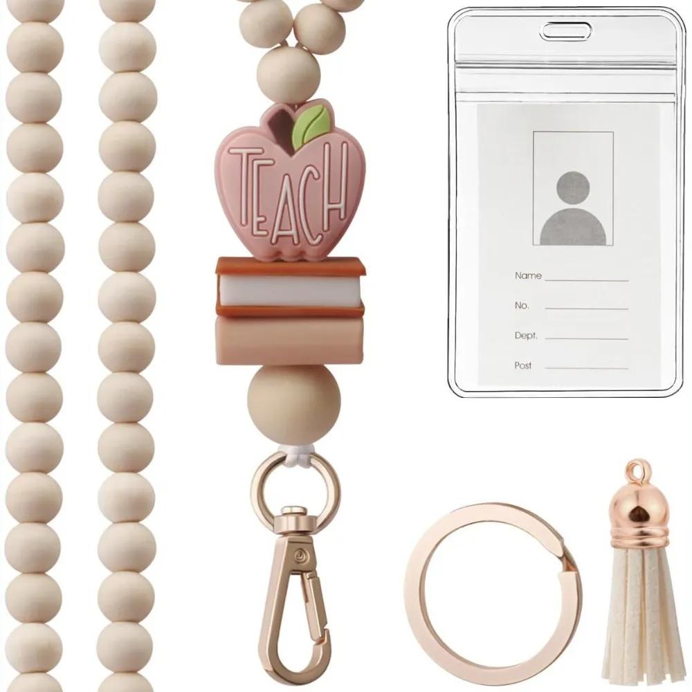 1 Set Fashion Wood Beaded Lanyard with ID Holder Pink Daisy Beads ID Holder Strap with Tassel String for ID Badges Women