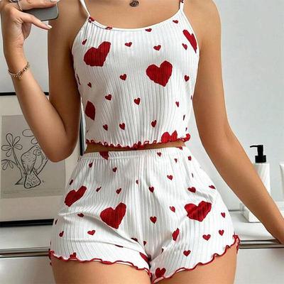 Damen-Pyjama-Set, Nachtwäsche, 2-teilig, kurze Tanktops und Shorts, weiß, belüftet, weich, lässig, mit Liebesdruck