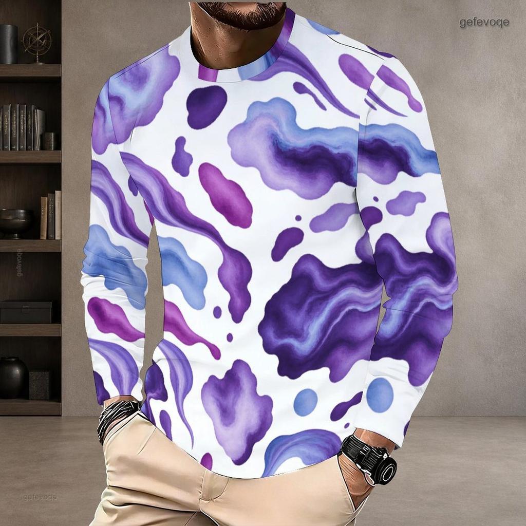 Herren Plus Size Rundhals Langarm Bedrucktes T-Shirt Weiß Lila Blau Pullover