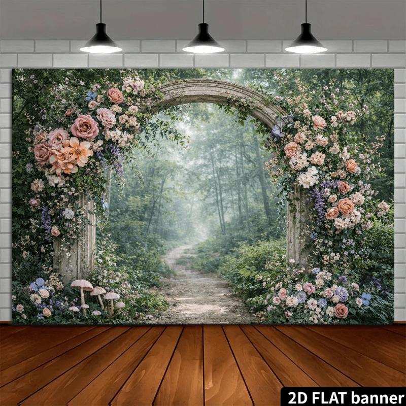 1Pcs Fantasy Garden Stone Arches Roses Hydrangeas Decoration Background Landscape Backdrop Decorations For Photo Studio Booth Party