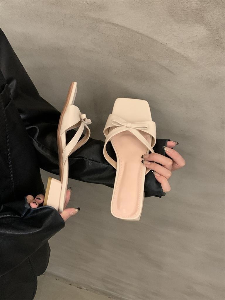 New bow-tied cool slippers with skirt square head thick heel silver sandals women