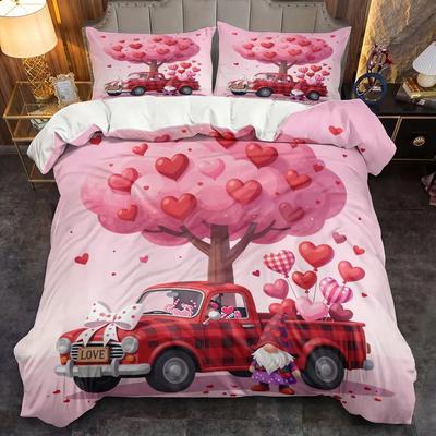 3 Piece Set Romantic Pink Rose Tree Valentine's Day Quilt Set, Including 1 Duvet Cover and 2 Pillowcases (excluding Padding)