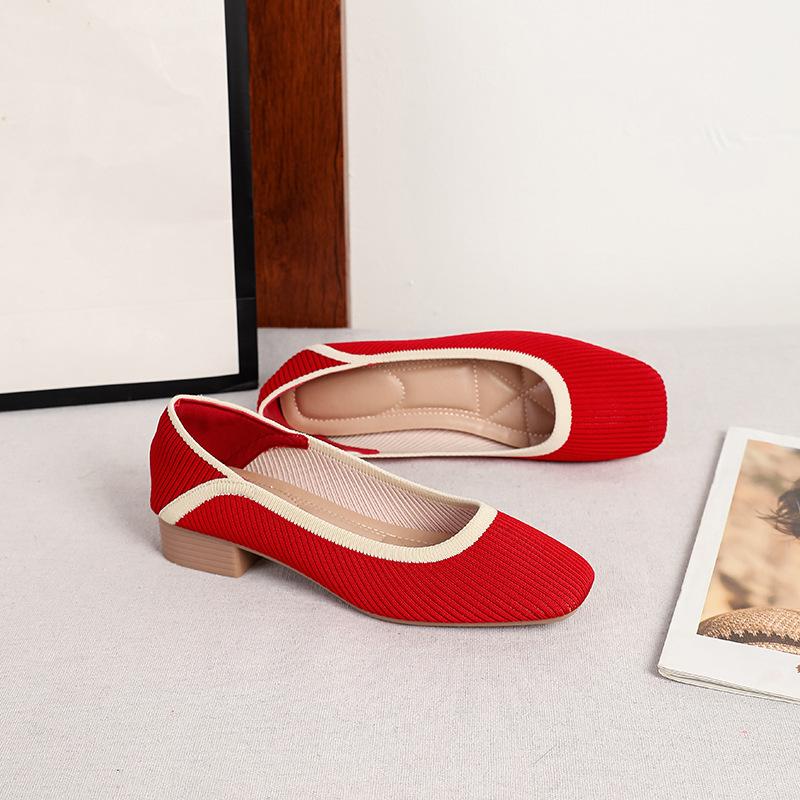 Women's Slip-On Square Toe Knit Heels Comfortable Block Heeled Loafers Elegant Chunky Low Heel Pumps Casual Office Work Wedding Dress Shoes for Women