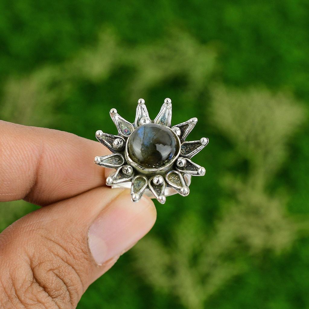 Sterling Silver Natural Labradorite Unique Statement Flower Sister Ring Jewelry