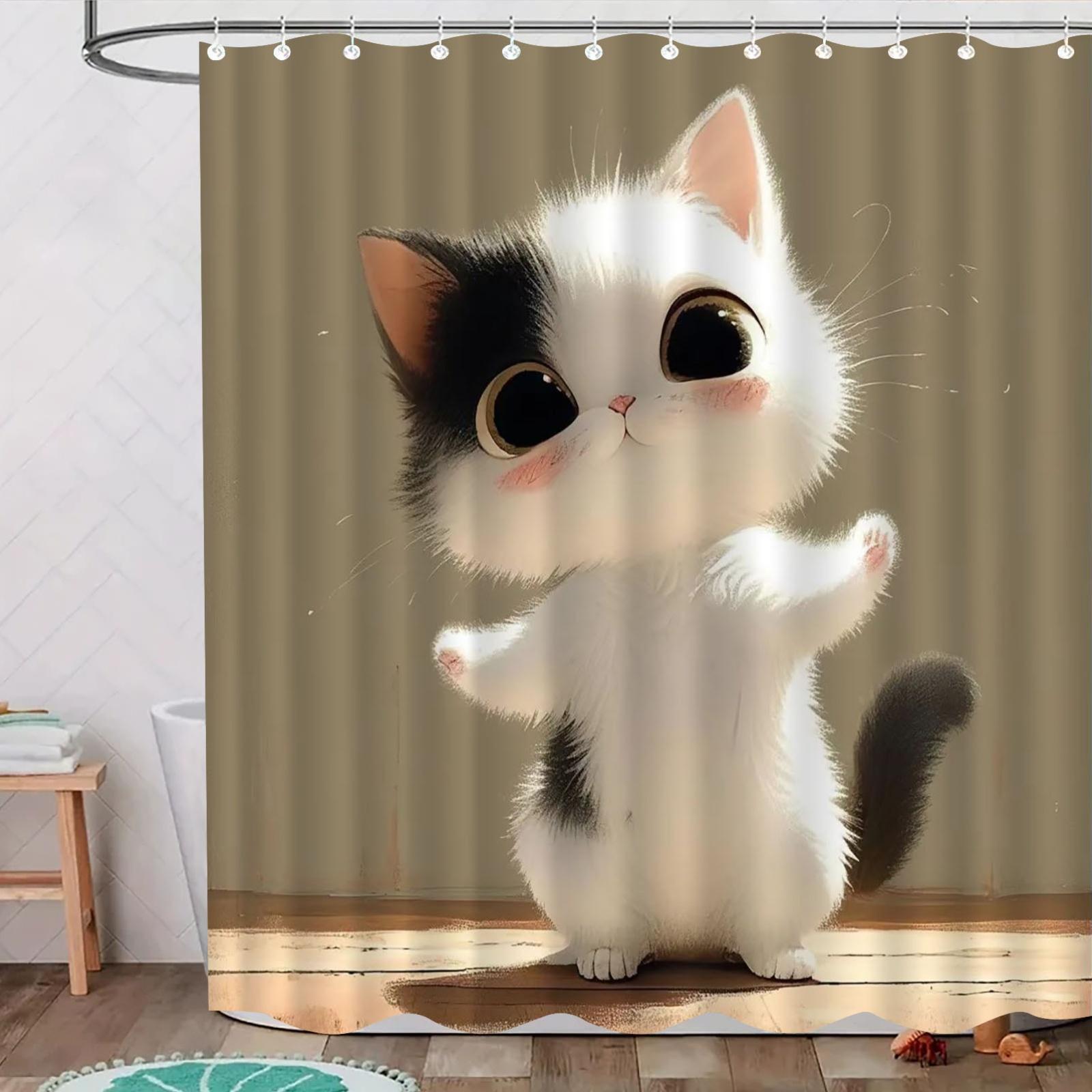 

Cute Kitten Shower Curtain Black and White Cat Cartoon Art Kids Room Decor Waterproof Fabric Bath Curtain Set Home Style 90x180CM