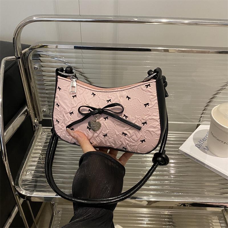 Pink Bow Crescent Armpit Bag Women's Summer New High-end Light Luxury Niche Shoulder Small Square Bag